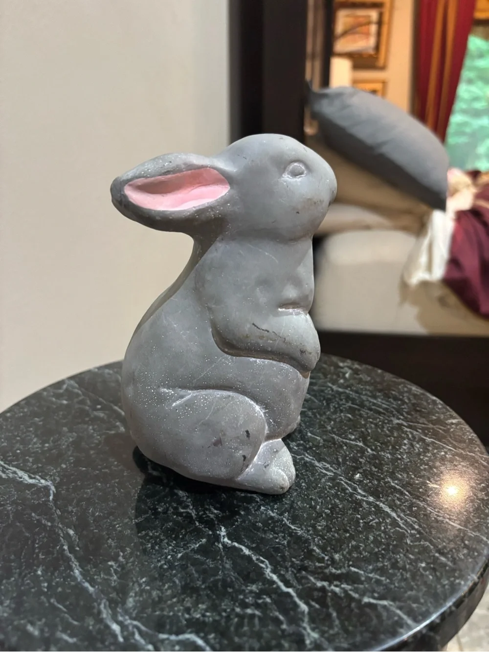 Gray Bunny Figurine with Pink Ear Accent for Small Pet Displays